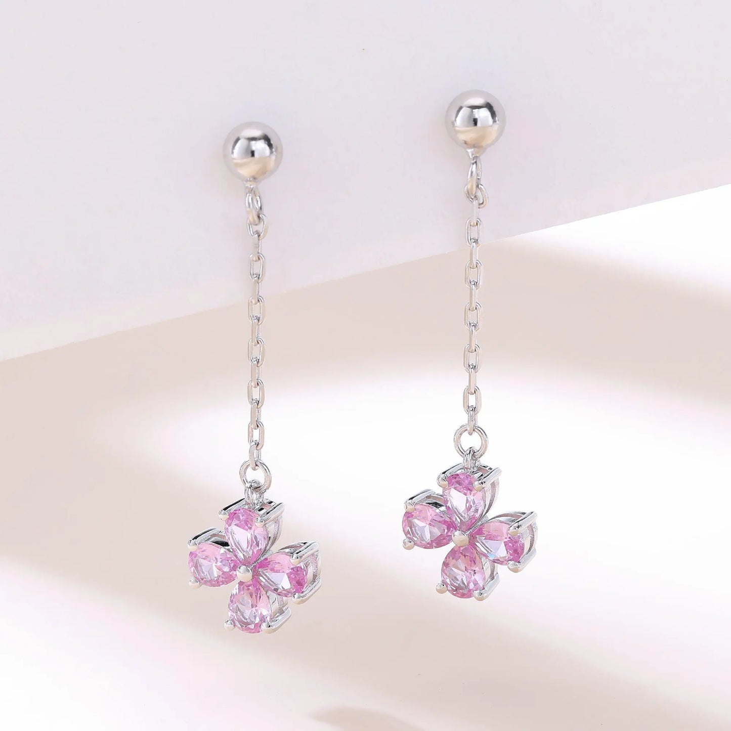 Pink Sapphire Stud Earrings with Clover Dangles in 925 Sterling Silver