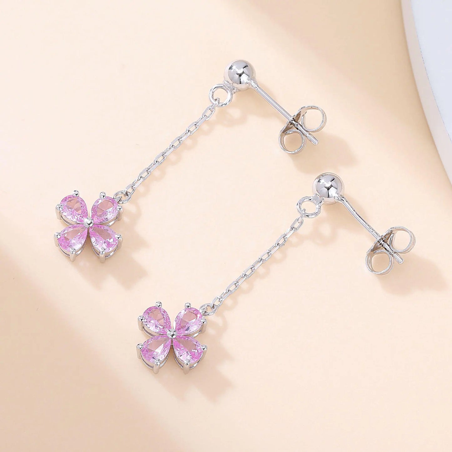 Pink Sapphire Stud Earrings with Clover Dangles in 925 Sterling Silver