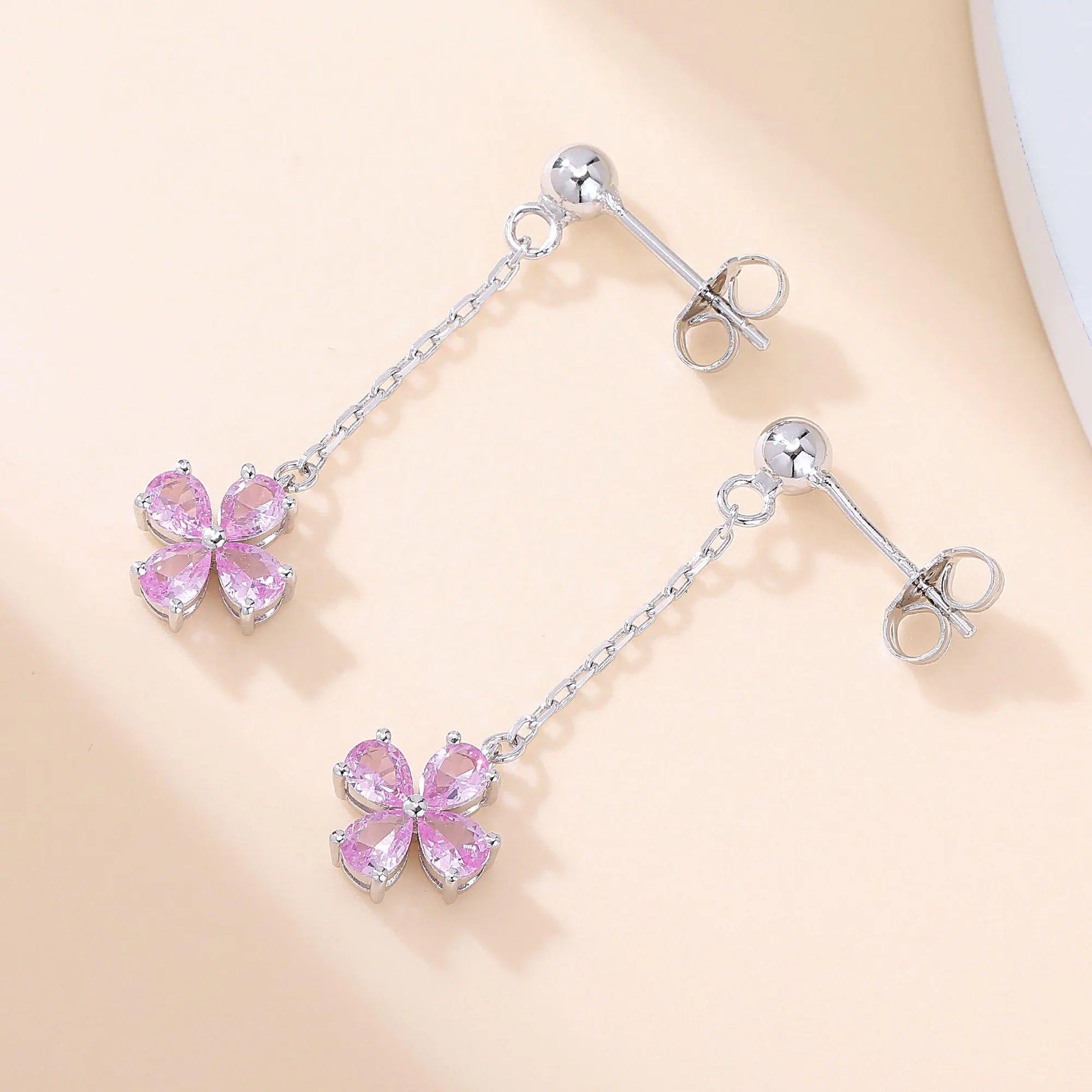 Pink Sapphire Stud Earrings with Clover Dangles in 925 Sterling Silver