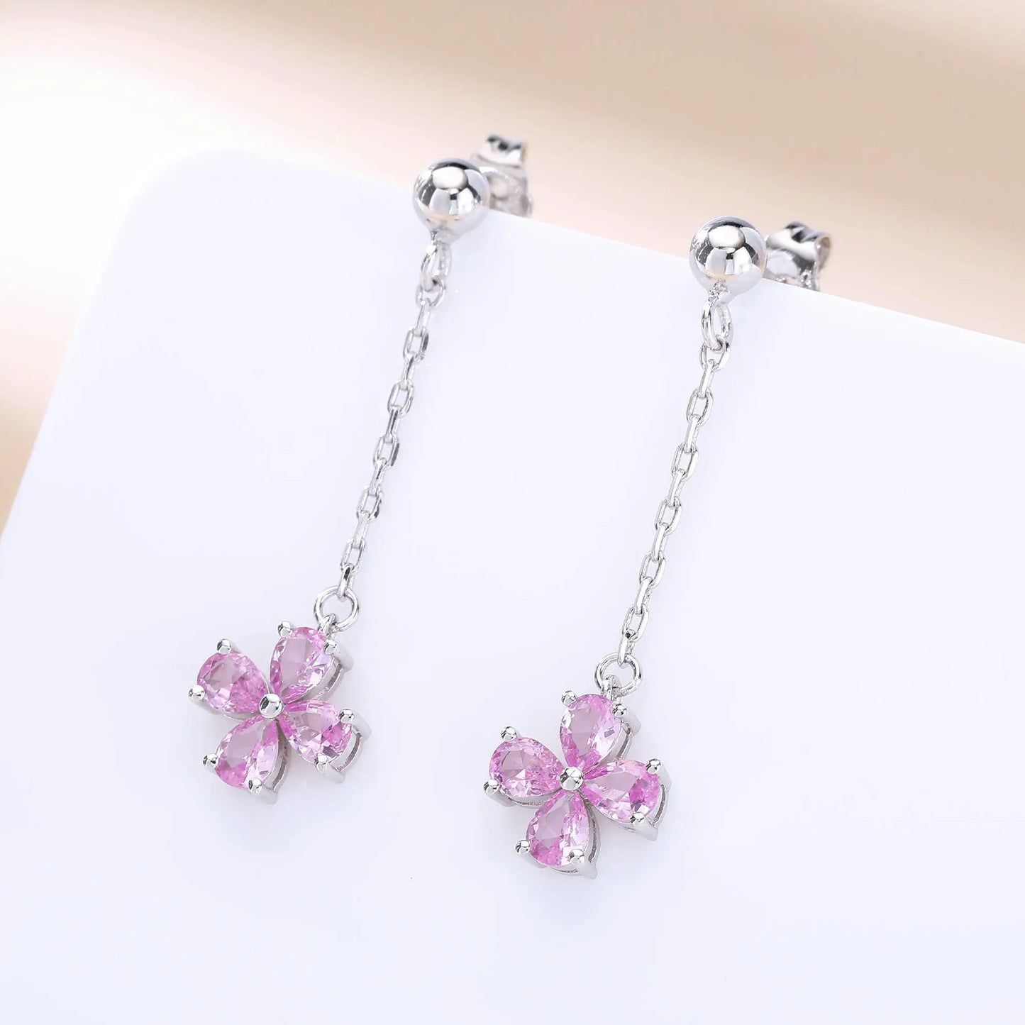 Pink Sapphire Stud Earrings with Clover Dangles in 925 Sterling Silver