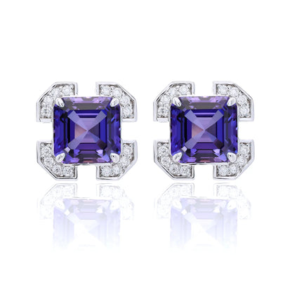 Asscher-Cut Purple Sapphire Earrings in 925 Sterling Silver