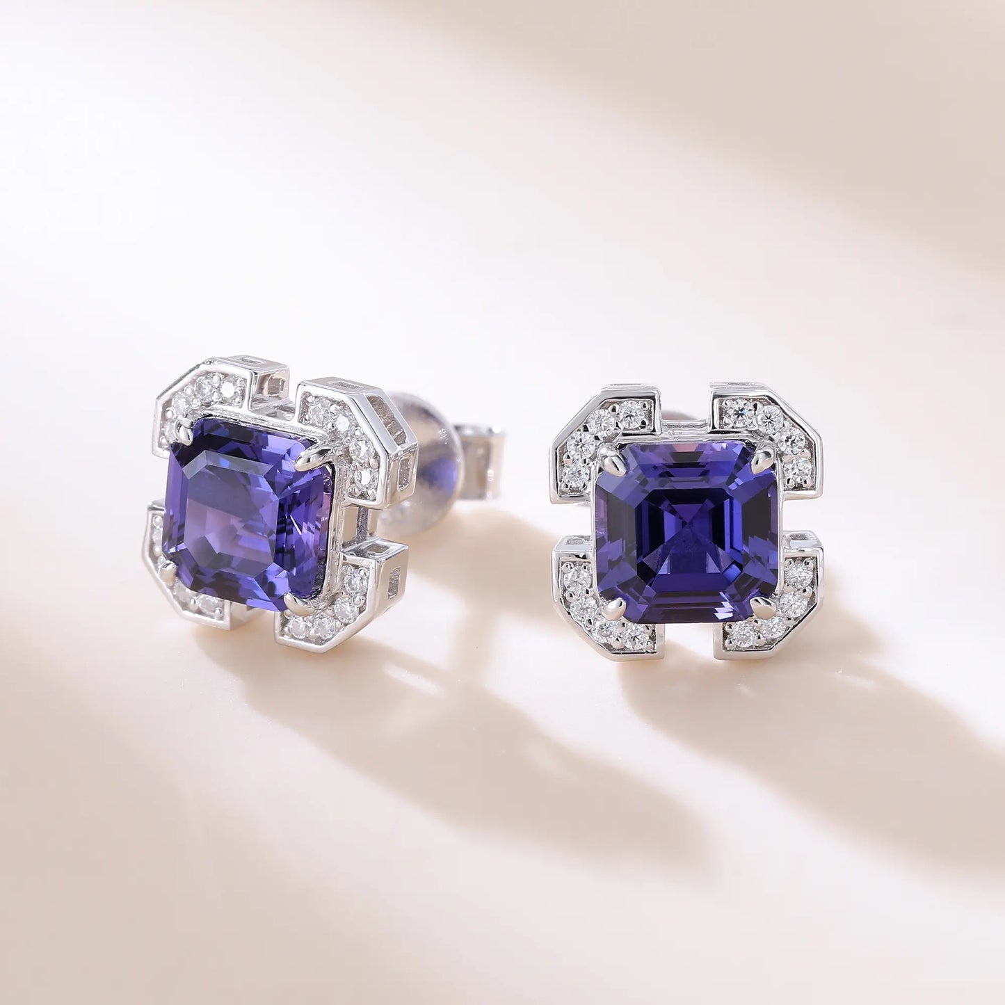 Asscher-Cut Purple Sapphire Earrings in 925 Sterling Silver