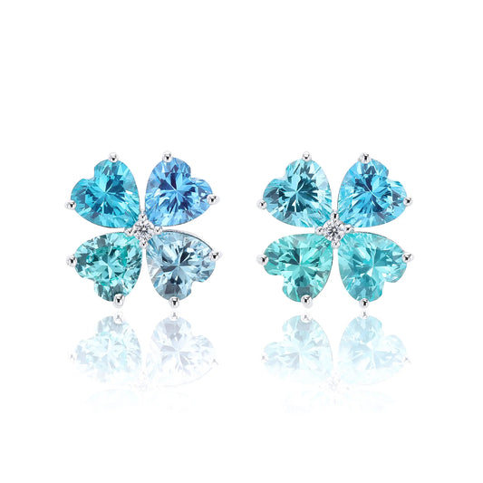 Gradient Blue Moissanite Heart Clover Earrings in 925 Sterling Silver