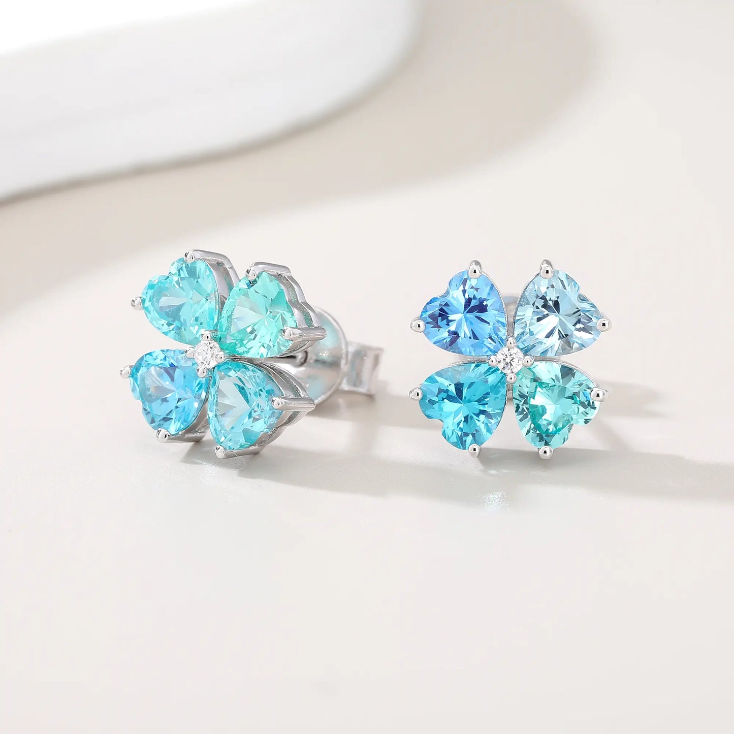 Gradient Blue Moissanite Heart Clover Earrings in 925 Sterling Silver