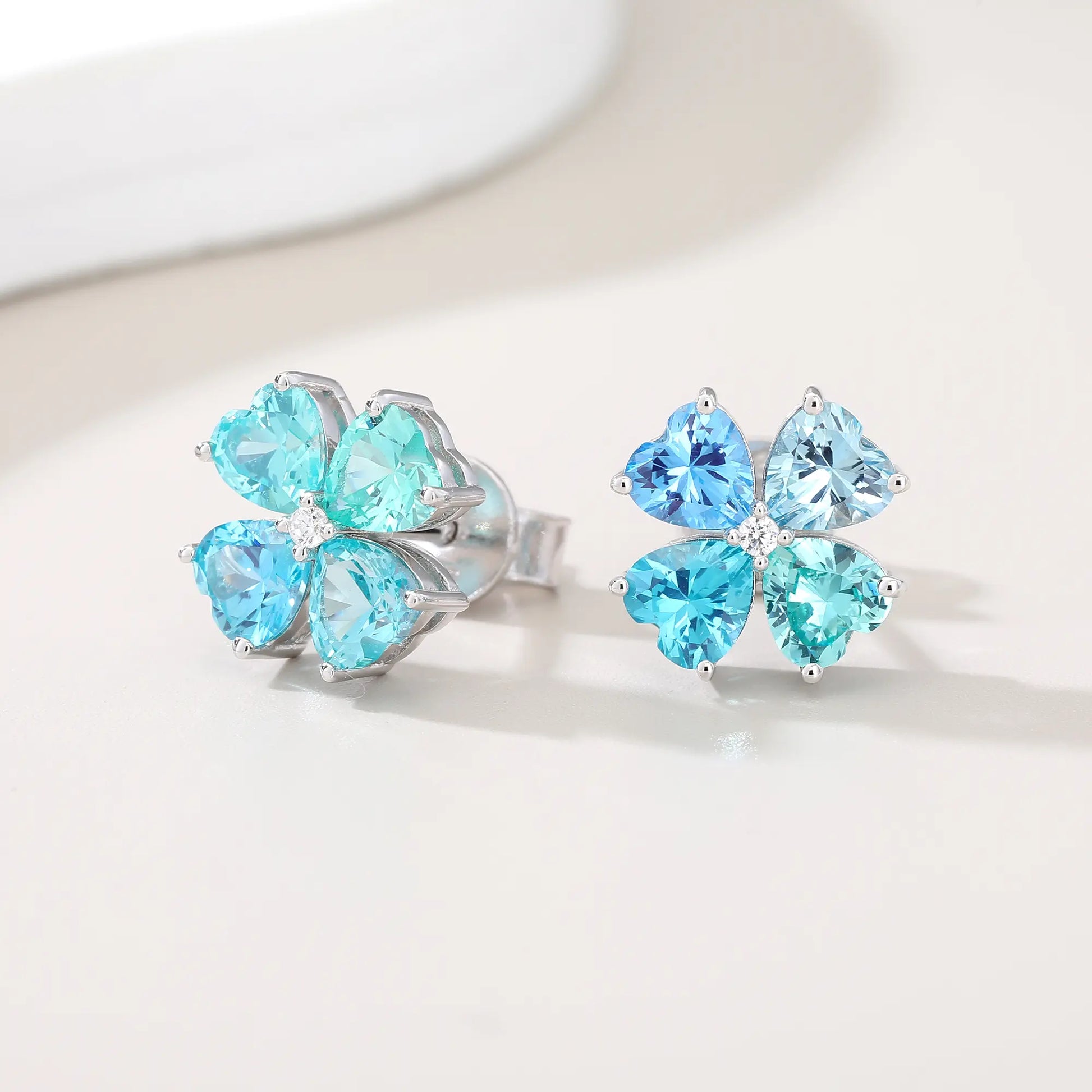 Gradient Blue Moissanite Heart Clover Earrings in 925 Sterling Silver
