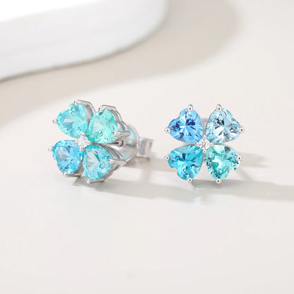 Gradient Blue Moissanite Heart Clover Earrings in 925 Sterling Silver