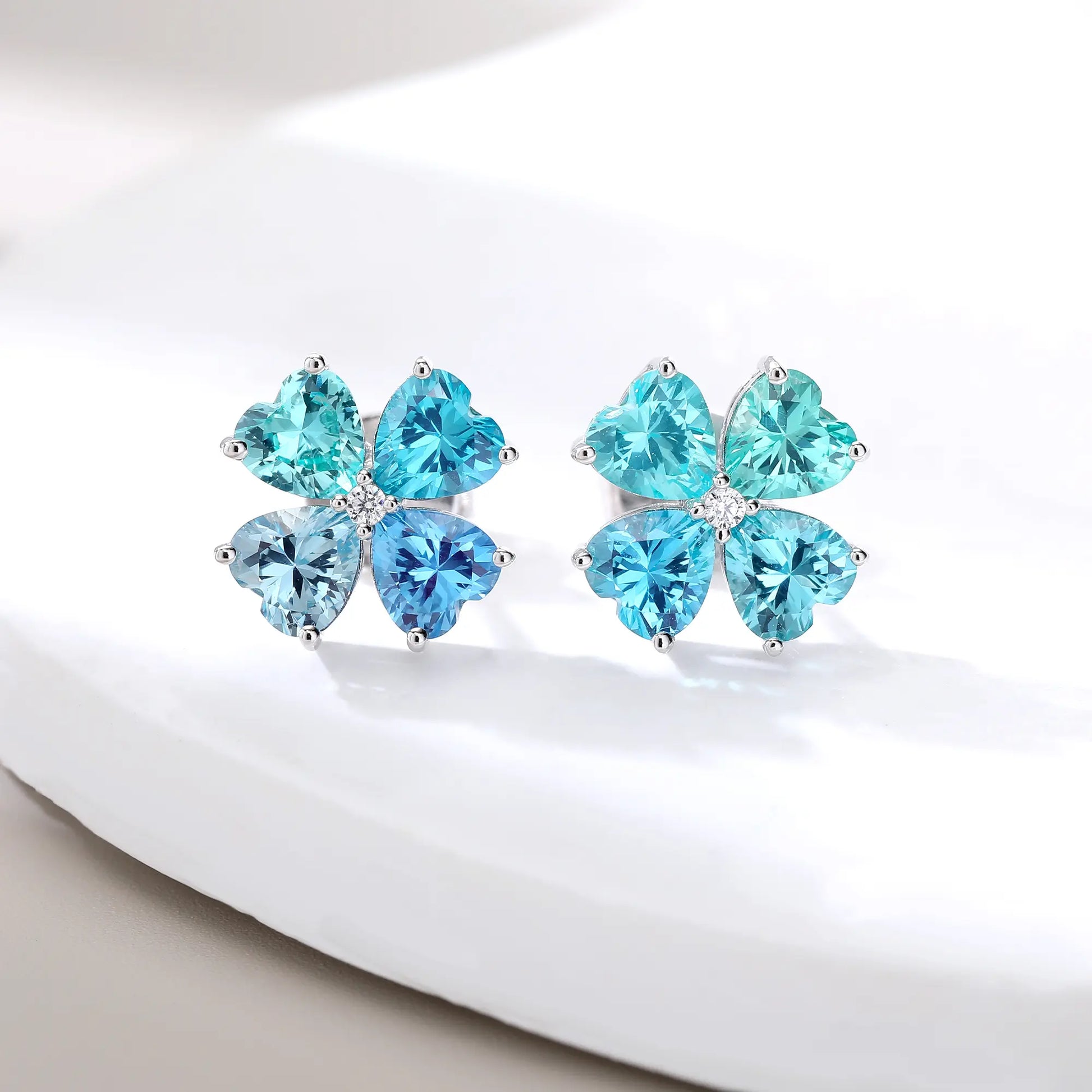 Gradient Blue Moissanite Heart Clover Earrings in 925 Sterling Silver