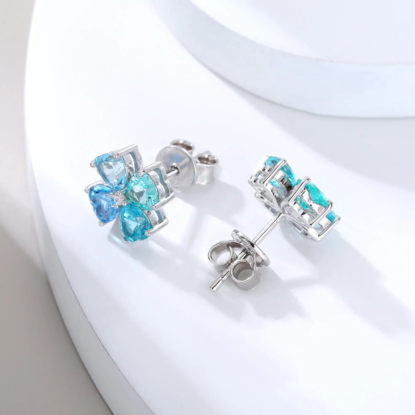 Gradient Blue Moissanite Heart Clover Earrings in 925 Sterling Silver
