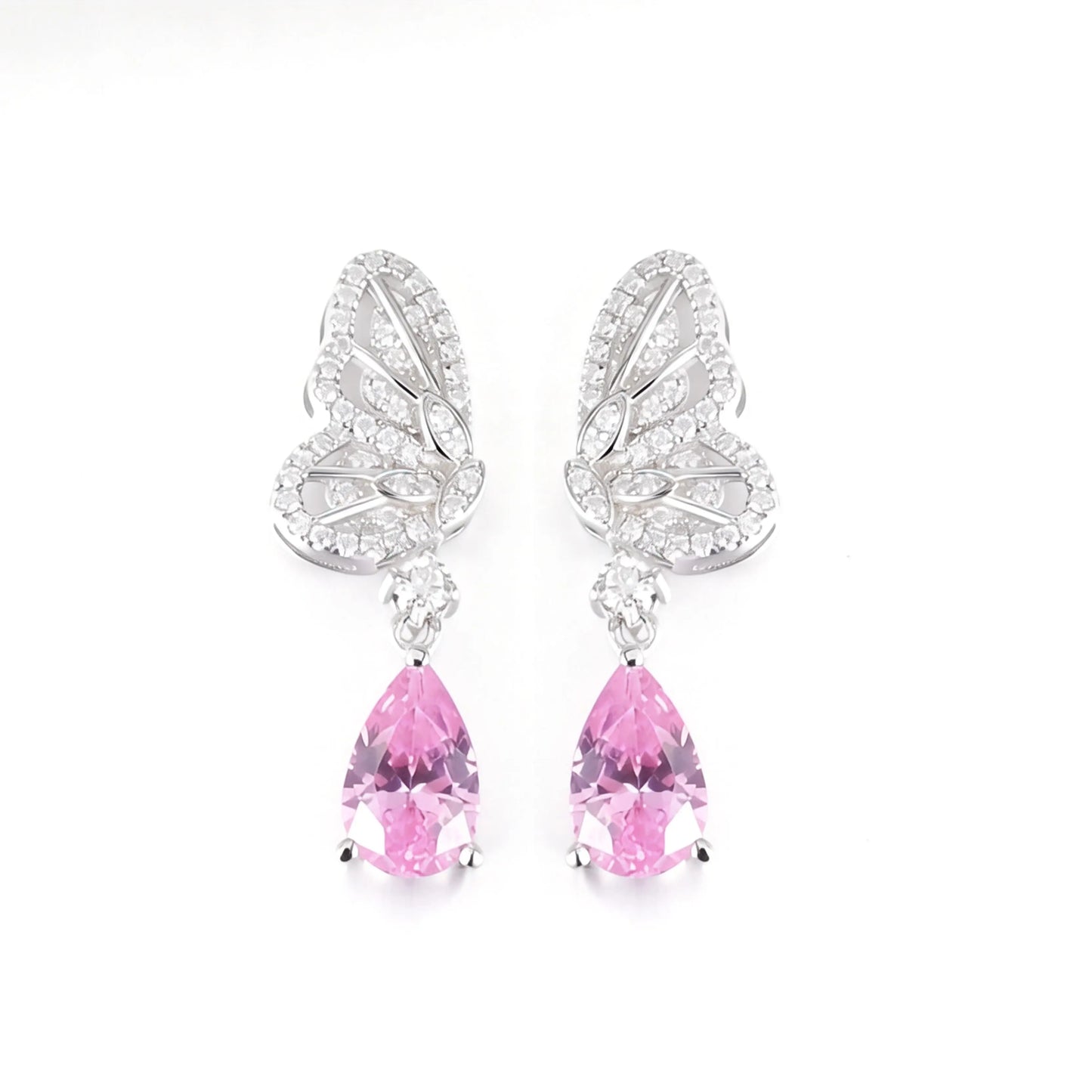 925 Sterling Silver Butterfly Wing Earrings with Pink Sapphire Pear Drops