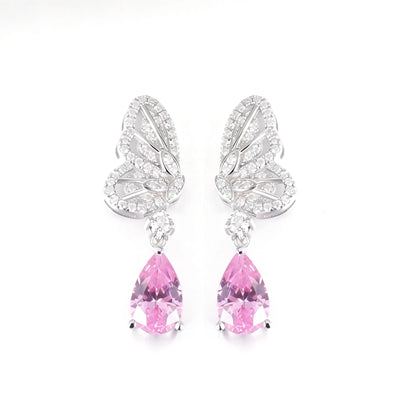925 Sterling Silver Butterfly Wing Earrings with Pink Sapphire Pear Drops