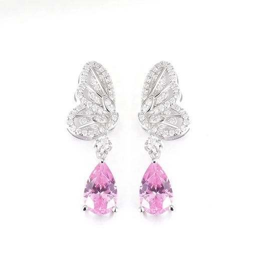 925 Sterling Silver Butterfly Wing Earrings with Pink Sapphire Pear Drops