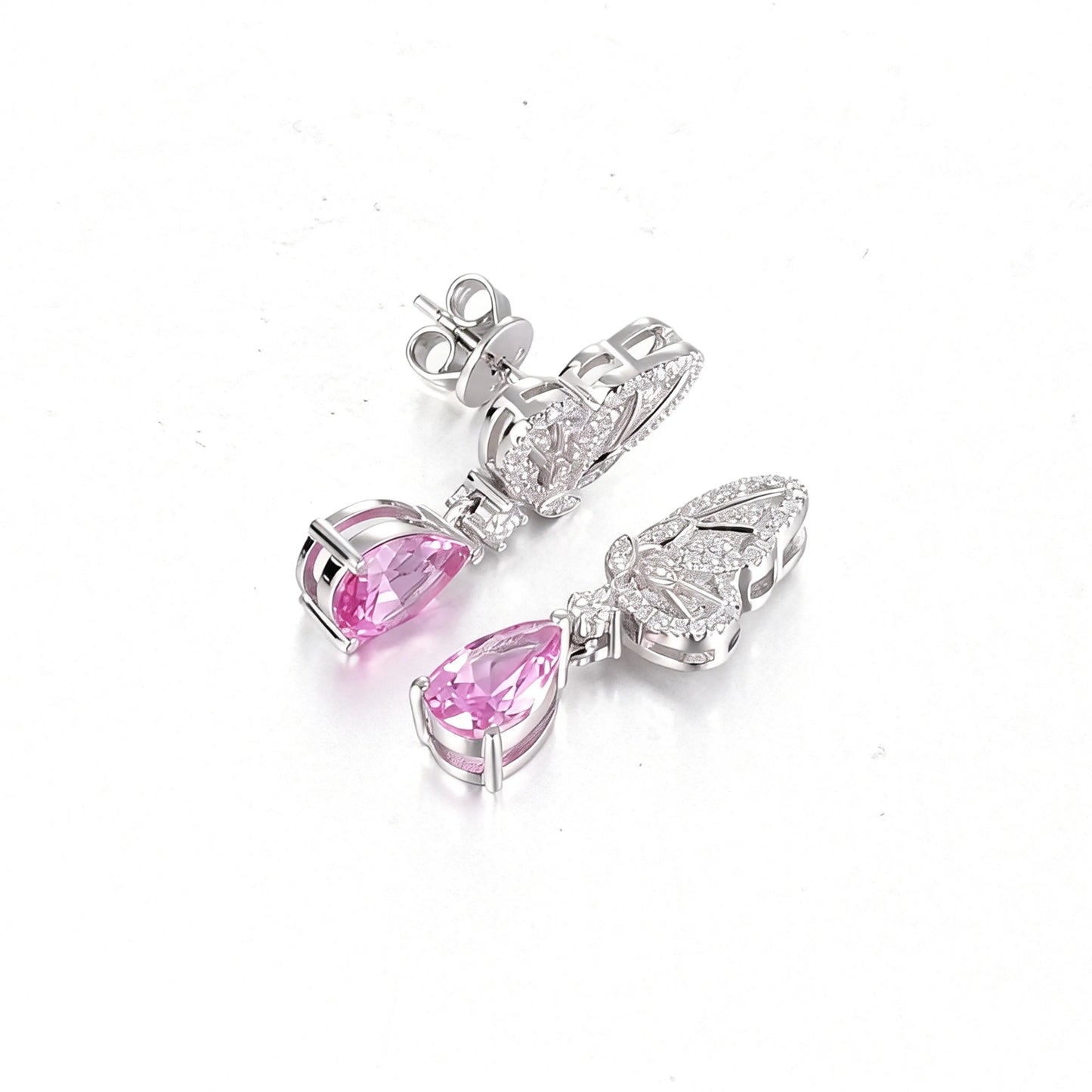 925 Sterling Silver Butterfly Wing Earrings with Pink Sapphire Pear Drops