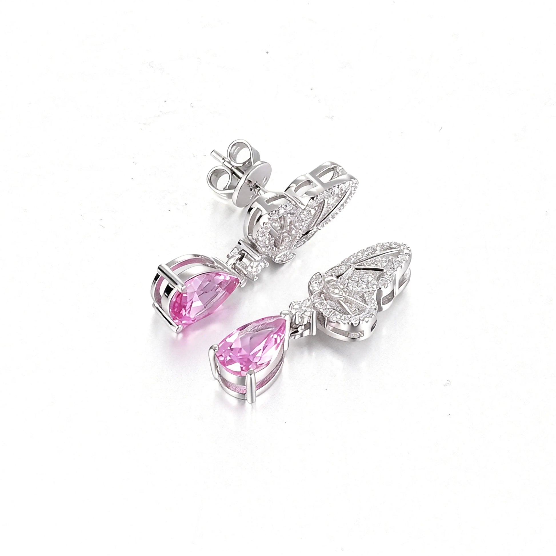 925 Sterling Silver Butterfly Wing Earrings with Pink Sapphire Pear Drops