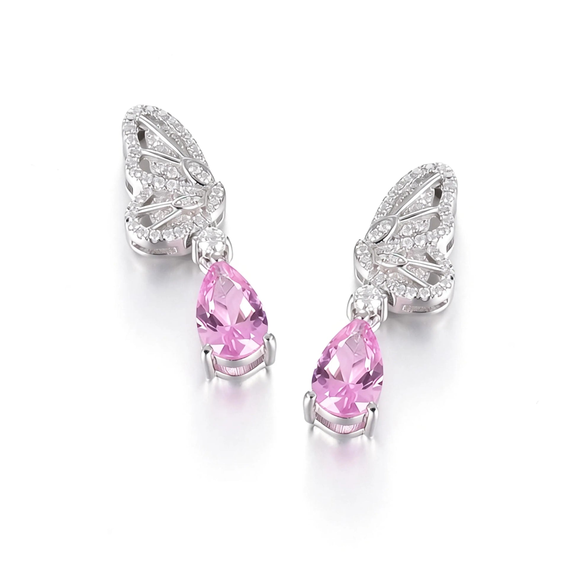 925 Sterling Silver Butterfly Wing Earrings with Pink Sapphire Pear Drops