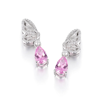 925 Sterling Silver Butterfly Wing Earrings with Pink Sapphire Pear Drops