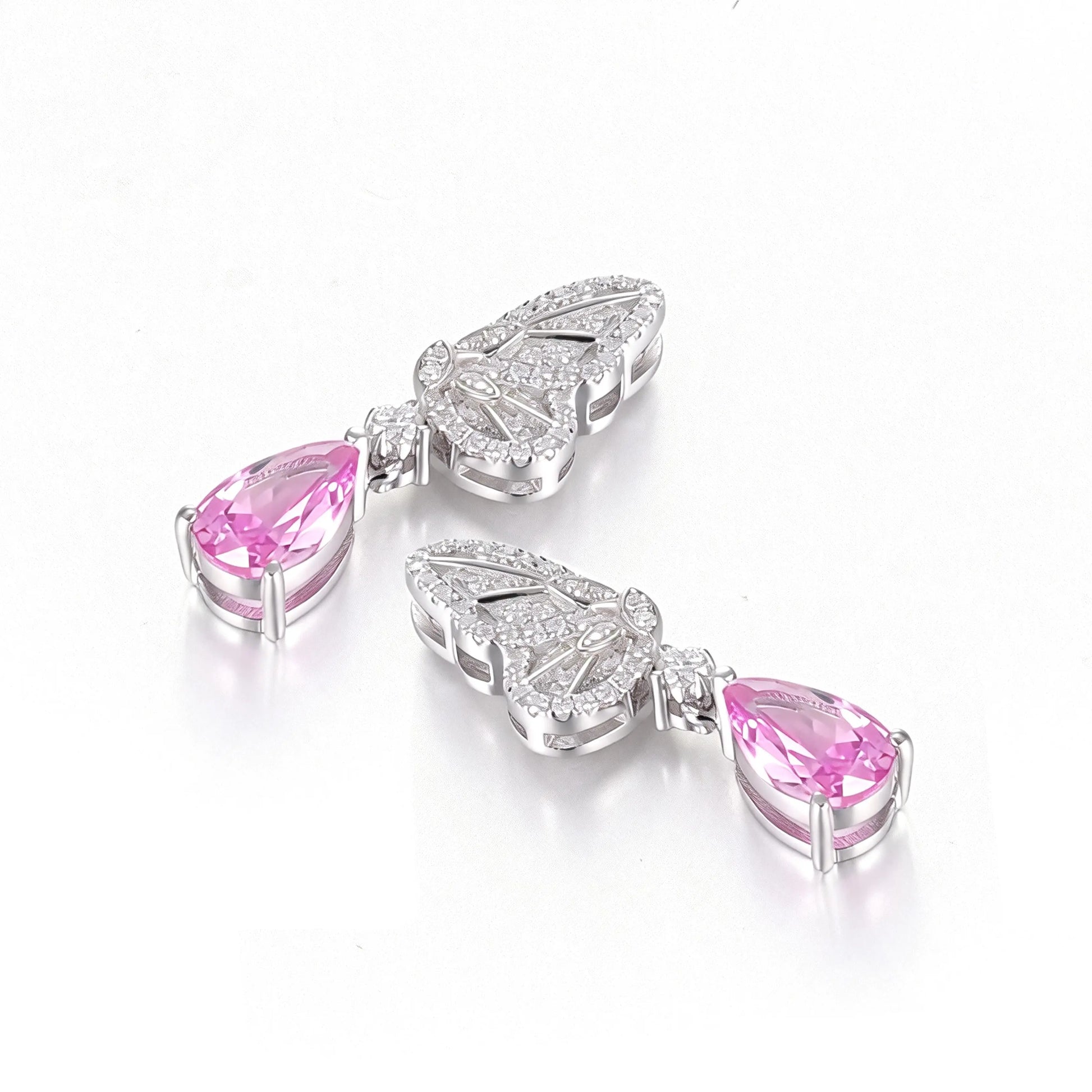 925 Sterling Silver Butterfly Wing Earrings with Pink Sapphire Pear Drops