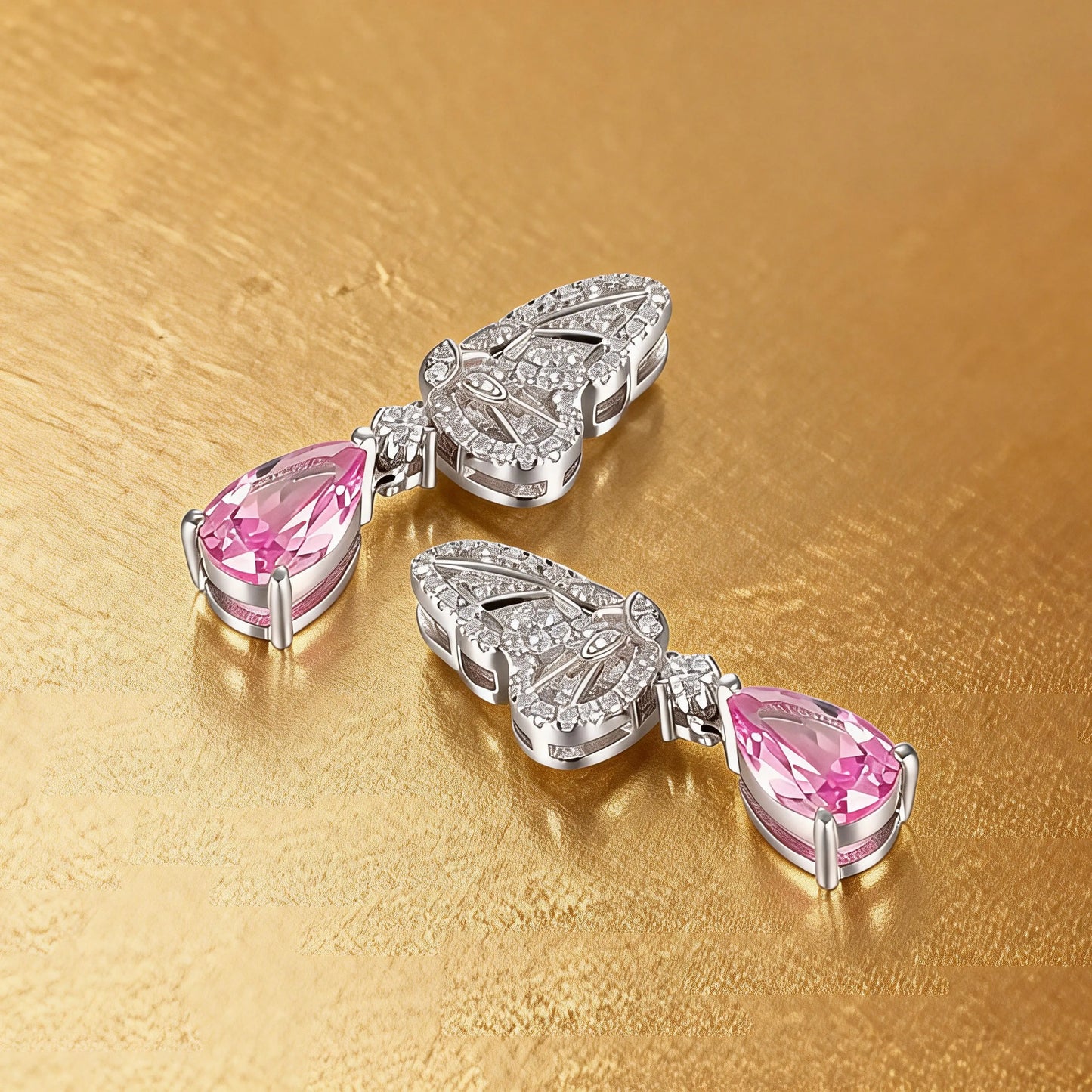 925 Sterling Silver Butterfly Wing Earrings with Pink Sapphire Pear Drops