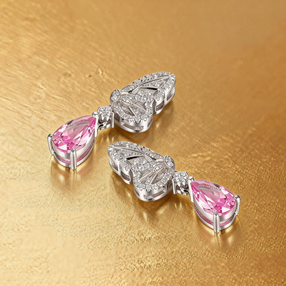 925 Sterling Silver Butterfly Wing Earrings with Pink Sapphire Pear Drops