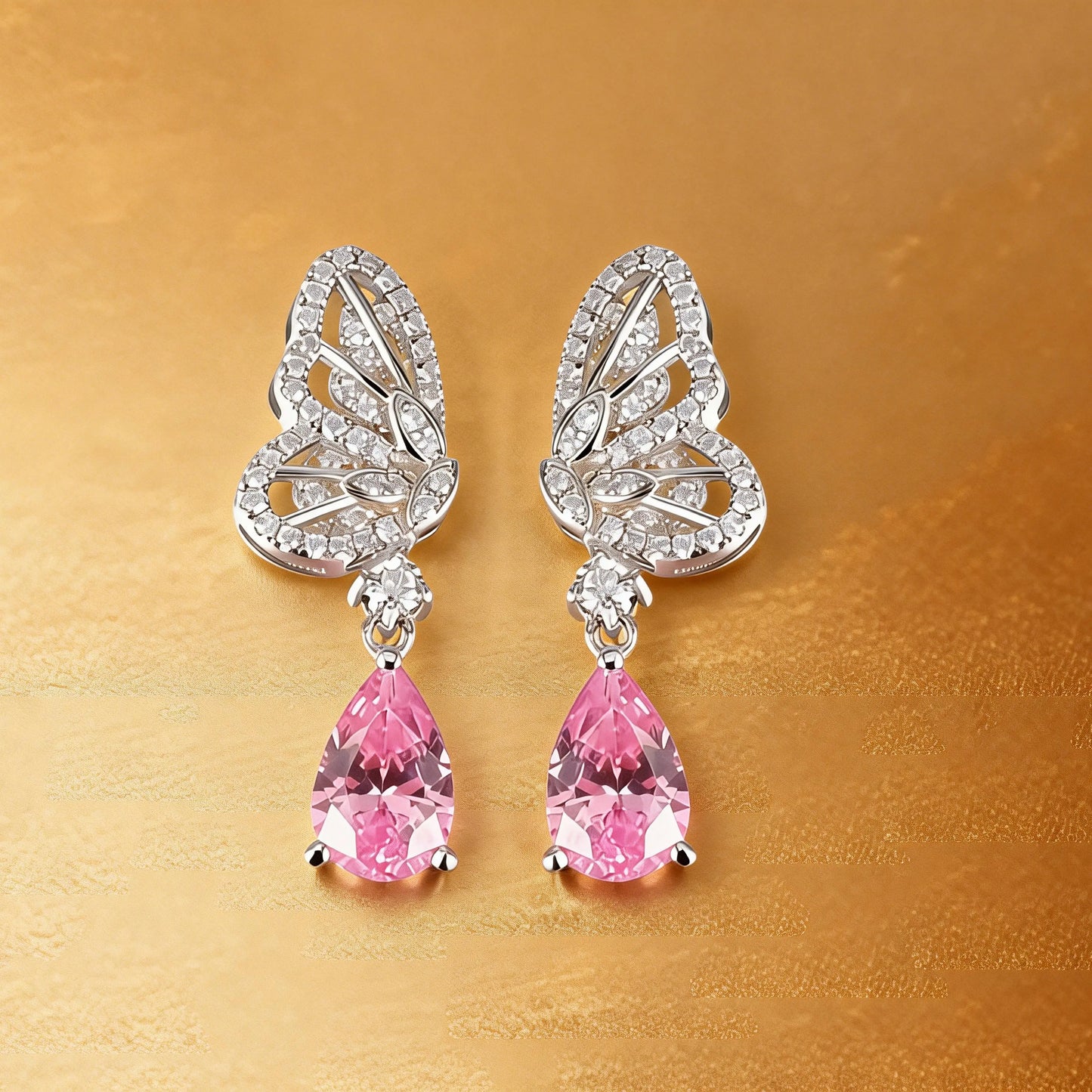 925 Sterling Silver Butterfly Wing Earrings with Pink Sapphire Pear Drops