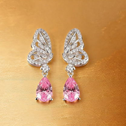 925 Sterling Silver Butterfly Wing Earrings with Pink Sapphire Pear Drops