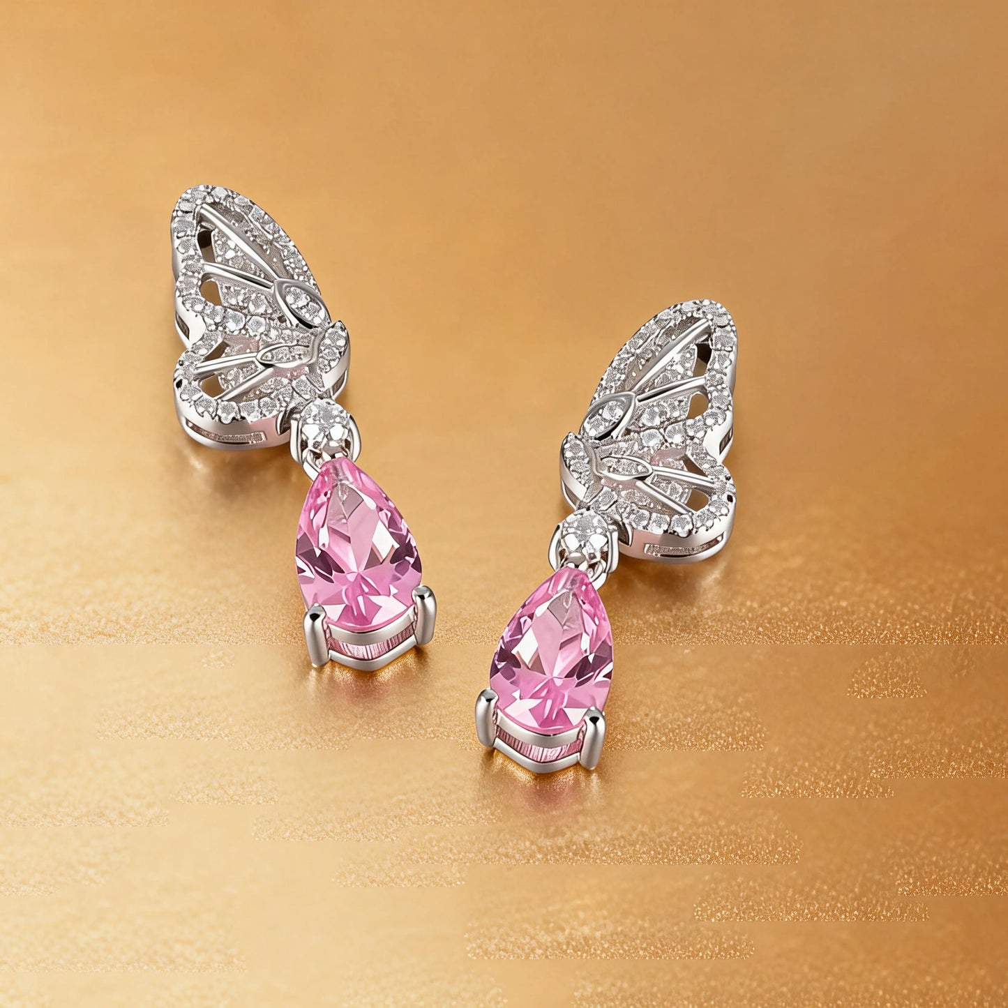 925 Sterling Silver Butterfly Wing Earrings with Pink Sapphire Pear Drops