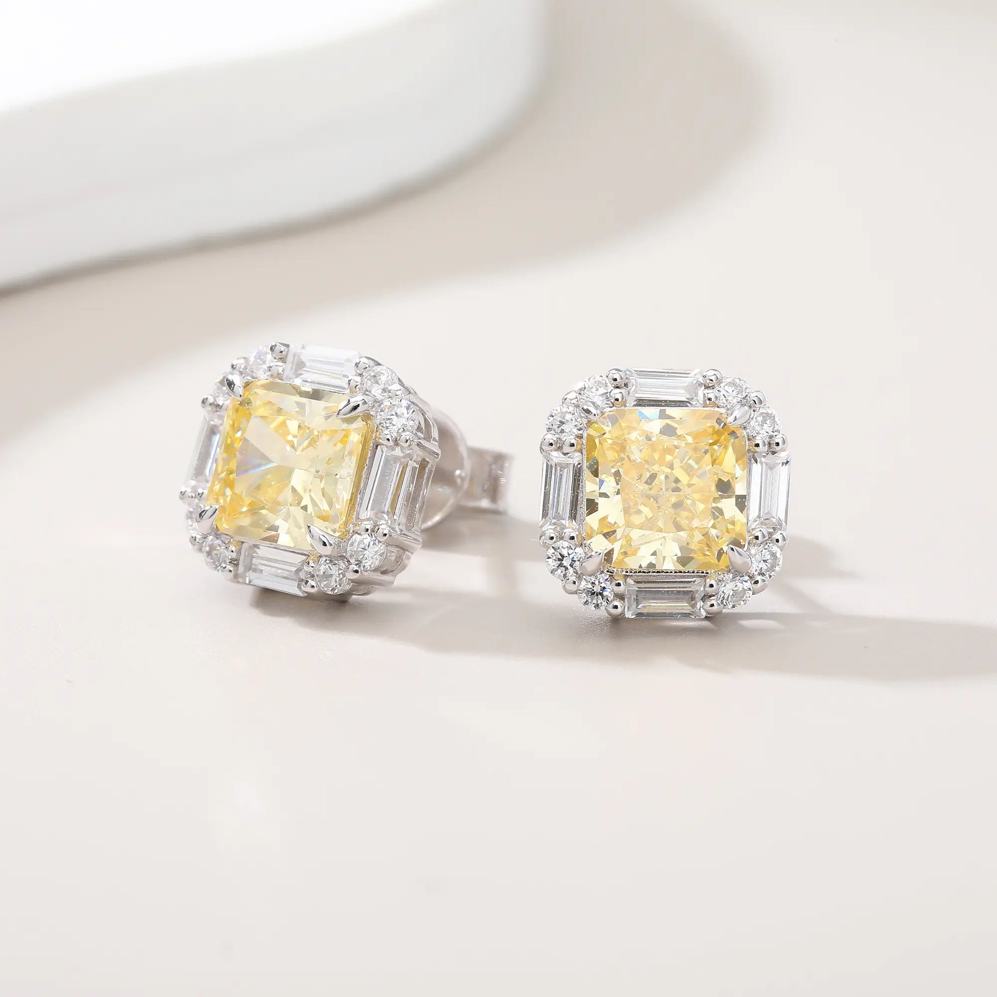 Cushion Crushed Ice Yellow Sapphire Halo Earrings in 925 Sterling Silver