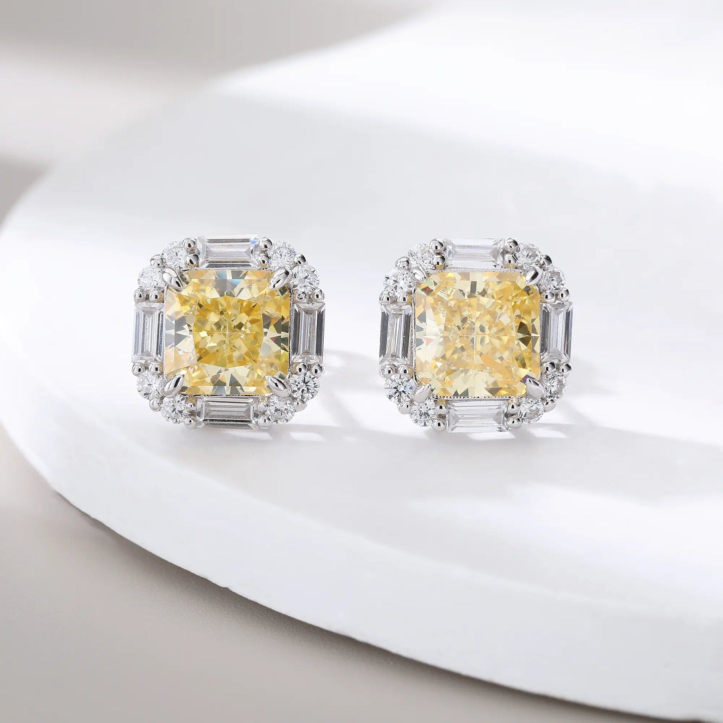 Cushion Crushed Ice Yellow Sapphire Halo Earrings in 925 Sterling Silver