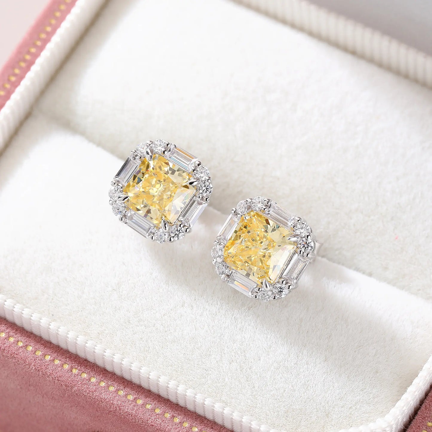 Cushion Crushed Ice Yellow Sapphire Halo Earrings in 925 Sterling Silver