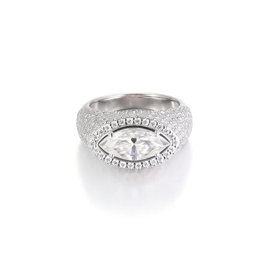 Marquise Cut Moissanite Engagement Ring, 925 Sterling Silver Full Pavé Dome Statement Ring