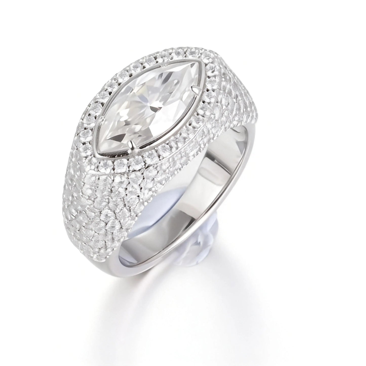 Marquise Cut Moissanite Engagement Ring, 925 Sterling Silver Full Pavé Dome Statement Ring