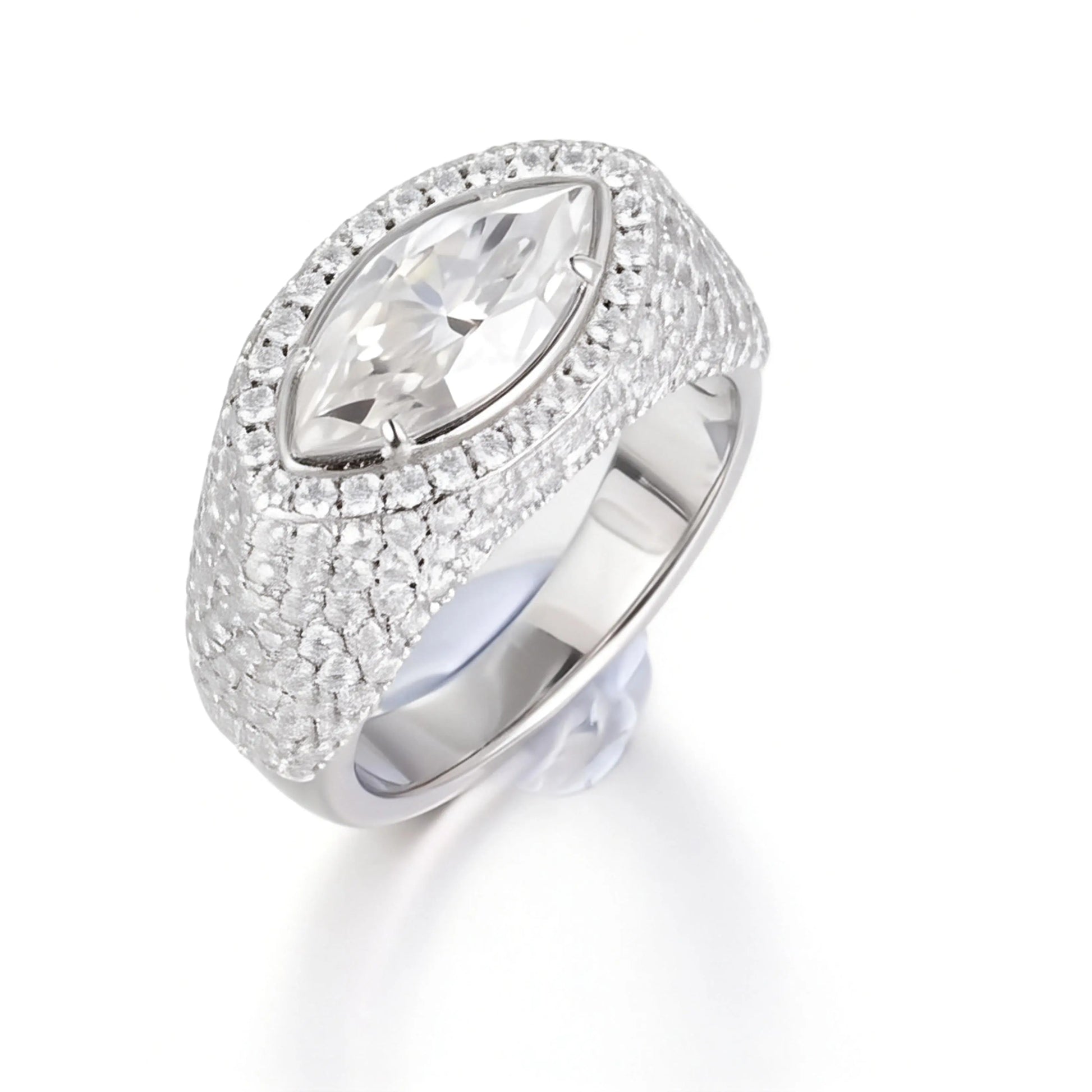 Marquise Cut Moissanite Engagement Ring, 925 Sterling Silver Full Pavé Dome Statement Ring