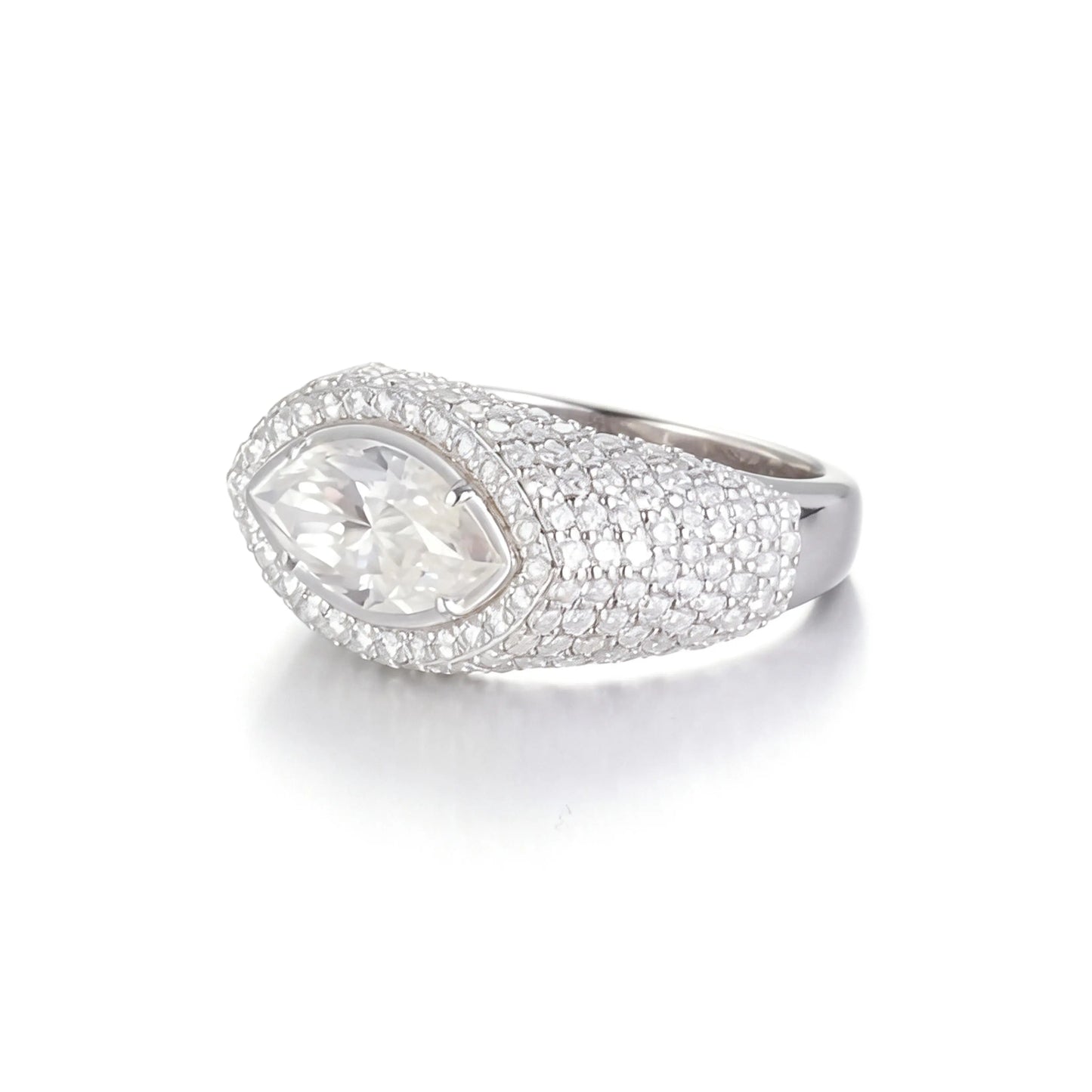 Marquise Cut Moissanite Engagement Ring, 925 Sterling Silver Full Pavé Dome Statement Ring