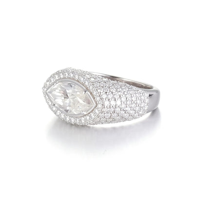 Marquise Cut Moissanite Engagement Ring, 925 Sterling Silver Full Pavé Dome Statement Ring