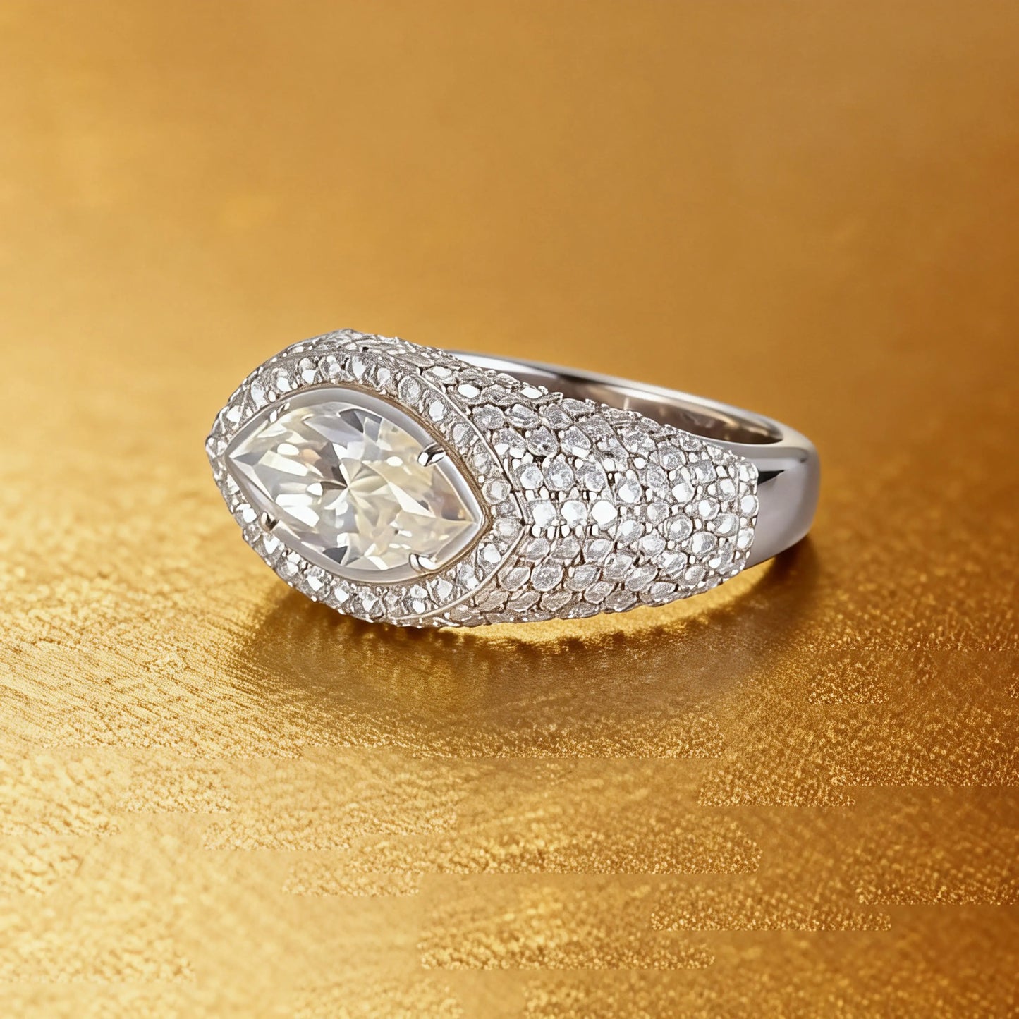 Marquise Cut Moissanite Engagement Ring, 925 Sterling Silver Full Pavé Dome Statement Ring