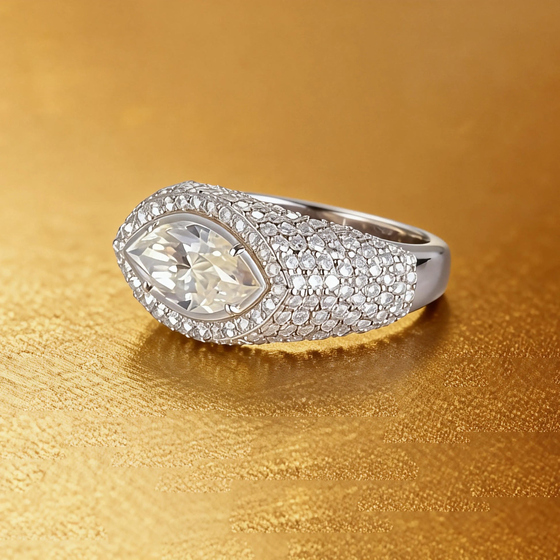 Marquise Cut Moissanite Engagement Ring, 925 Sterling Silver Full Pavé Dome Statement Ring