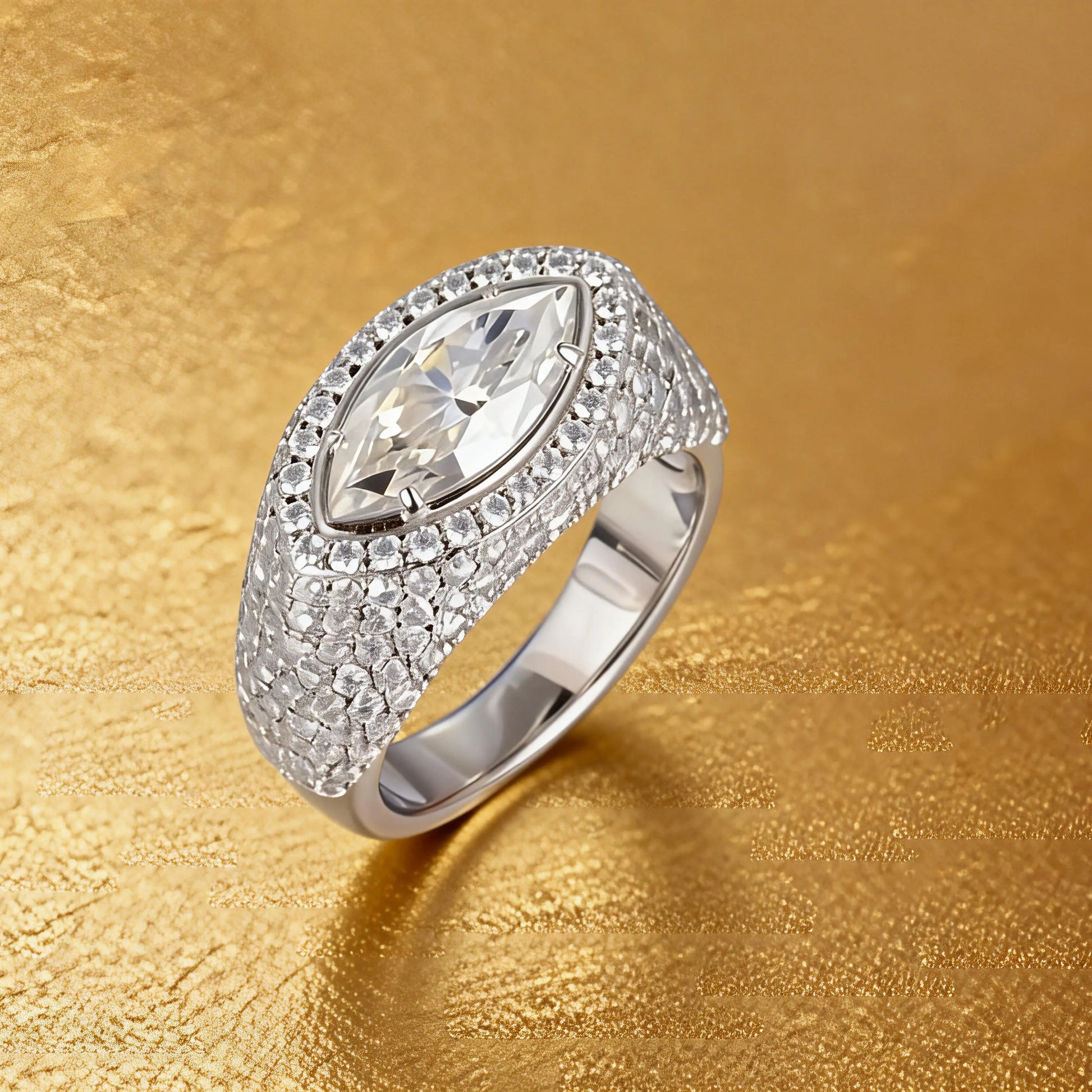 Marquise Cut Moissanite Engagement Ring, 925 Sterling Silver Full Pavé Dome Statement Ring