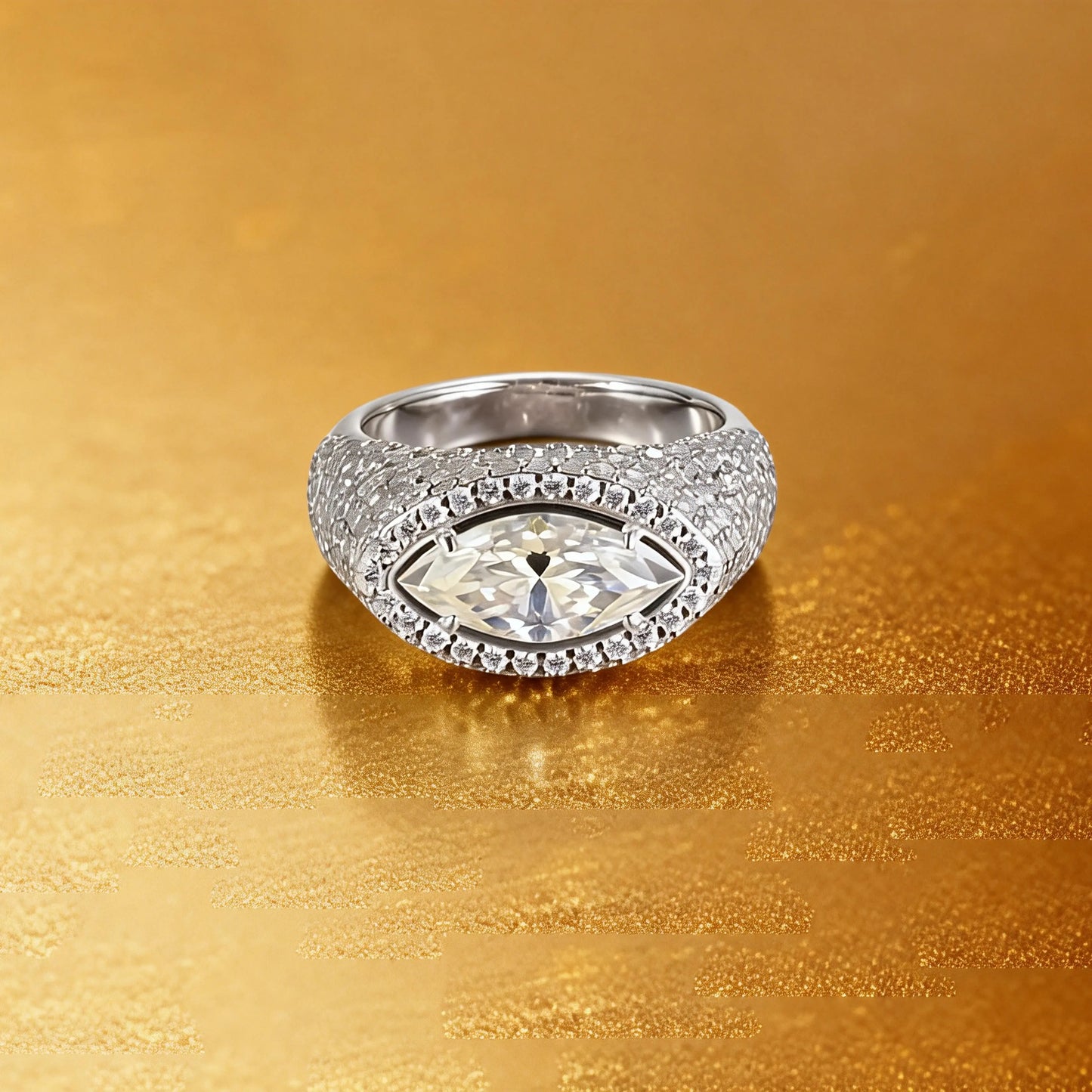 Marquise Cut Moissanite Engagement Ring, 925 Sterling Silver Full Pavé Dome Statement Ring