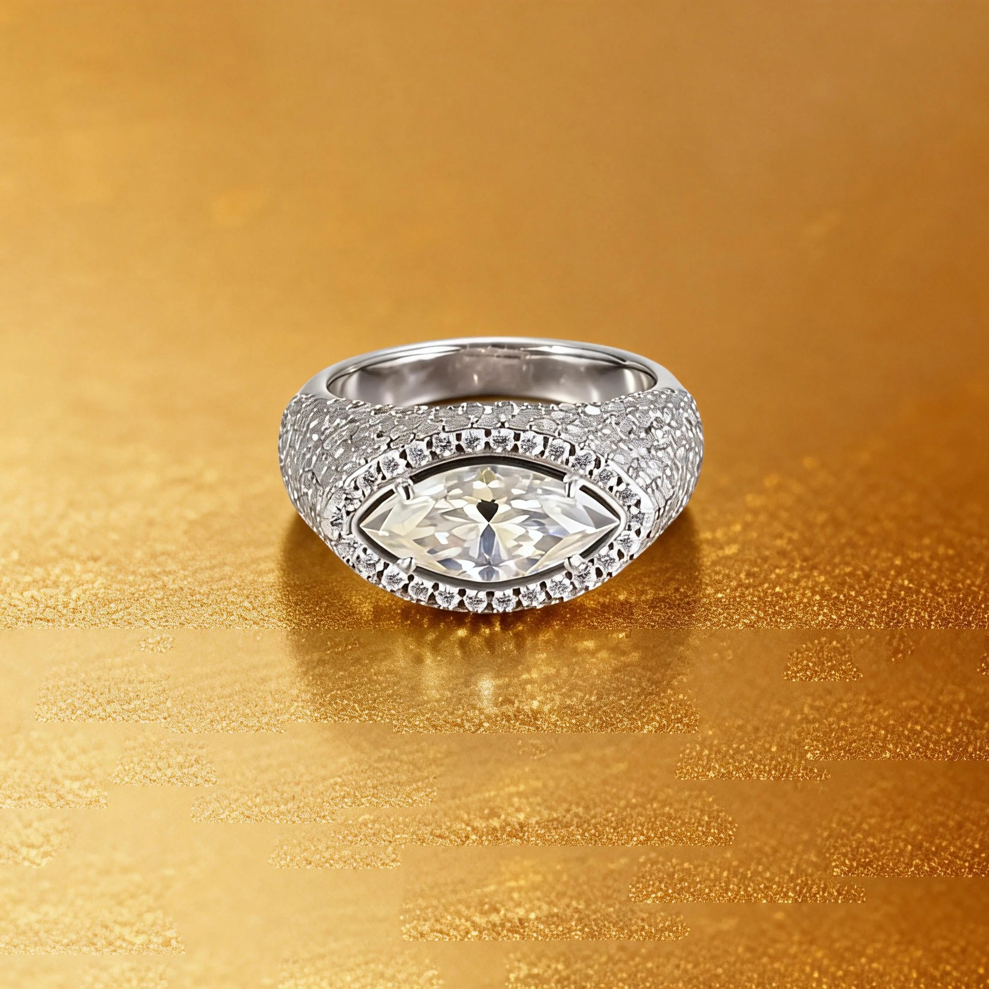 Marquise Cut Moissanite Engagement Ring, 925 Sterling Silver Full Pavé Dome Statement Ring