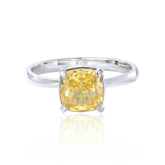 Cushion Cut Moissanite Ring, 925 Sterling Silver Canary Yellow Solitaire Ring for Women