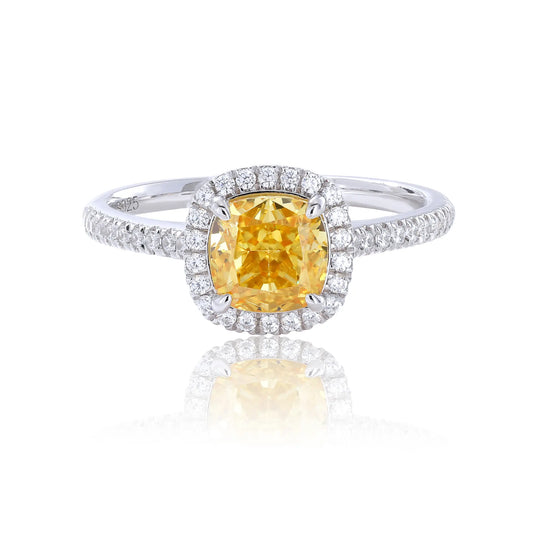Cushion-Cut Yellow Moissanite Ring in 925 Sterling Silver