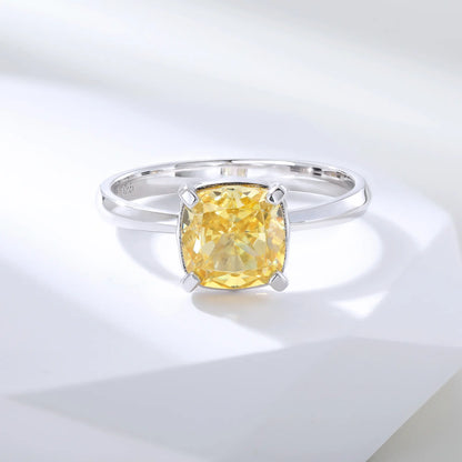Yellow Moissanite Ring, 925 Sterling Silver Canary Cushion Cut Solitaire Ring