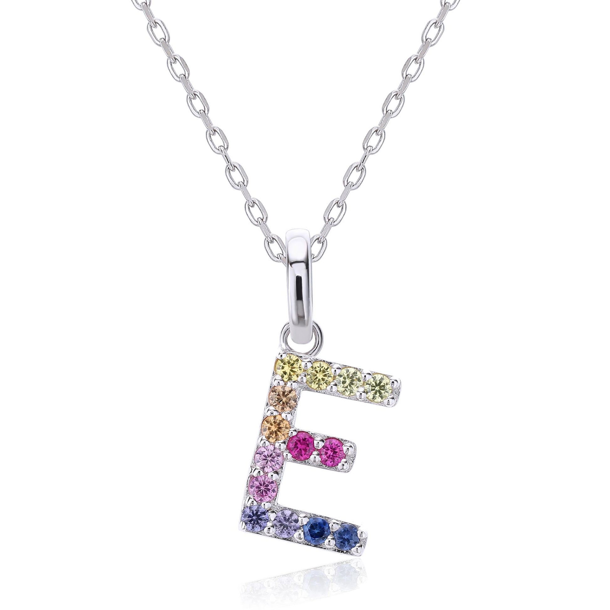 Vibrant lab-grown sapphire "E" pendant | Sterling silver initial necklace