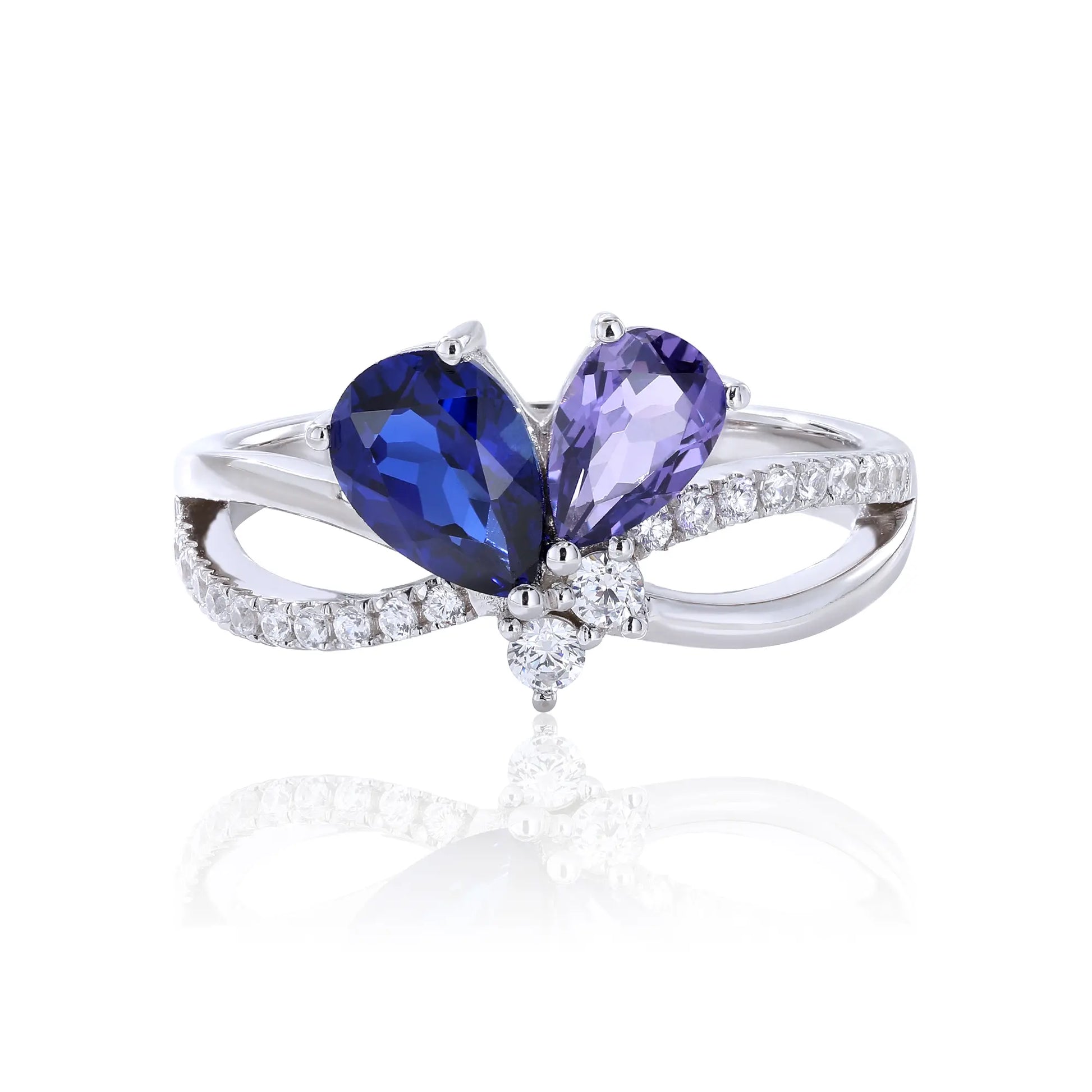 Sapphire Butterfly Ring, 925 Sterling Silver Pear Cut Two-Stone Lab Sapphire Ring