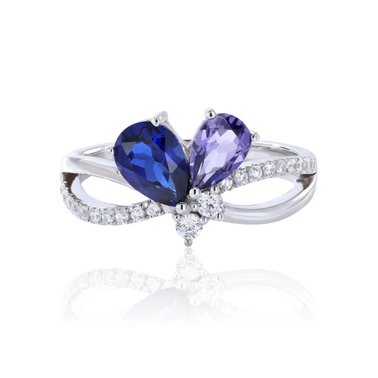 Sapphire Butterfly Ring, 925 Sterling Silver Pear Cut Two-Stone Lab Sapphire Ring
