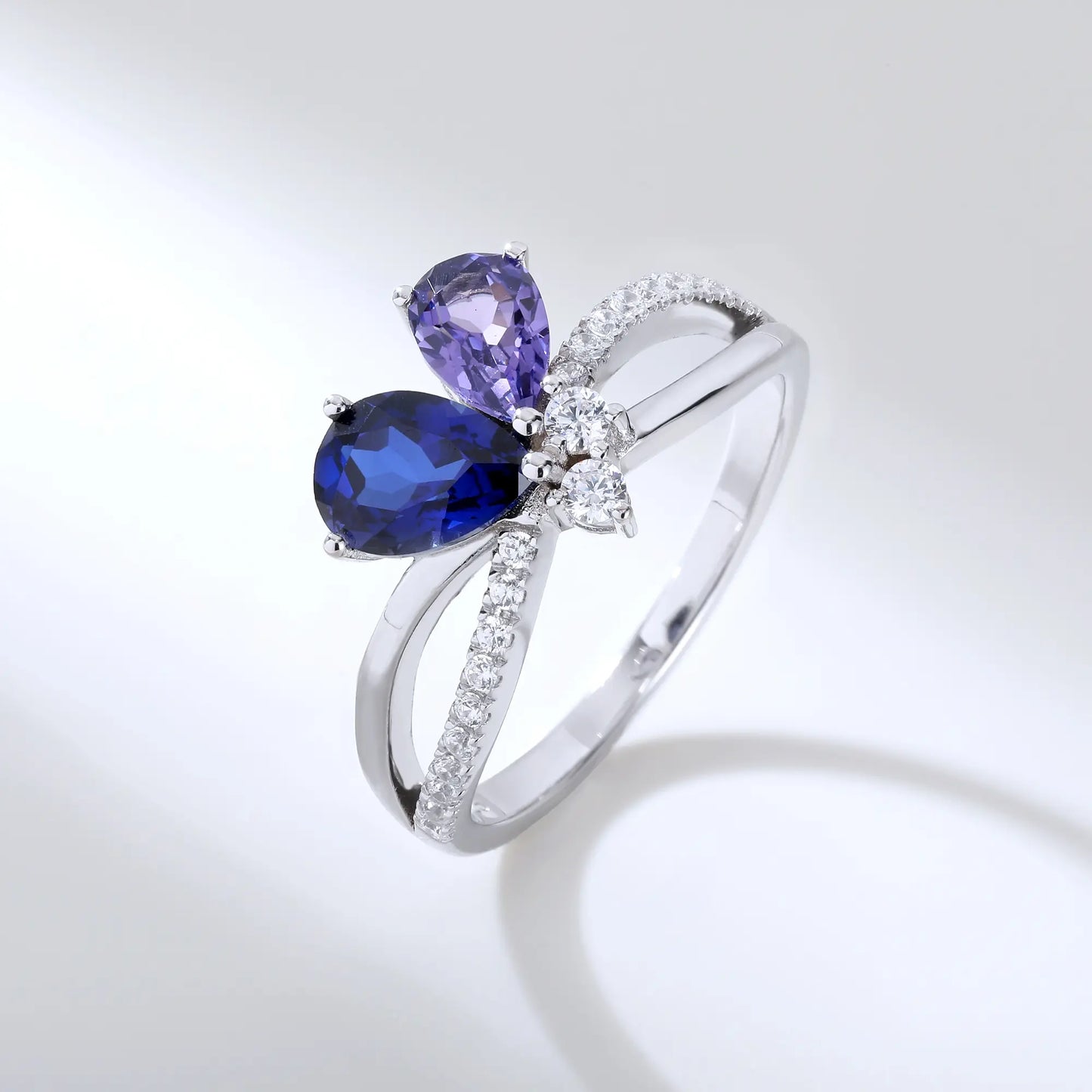 Sapphire Butterfly Ring, 925 Sterling Silver Pear Cut Two-Stone Lab Sapphire Ring