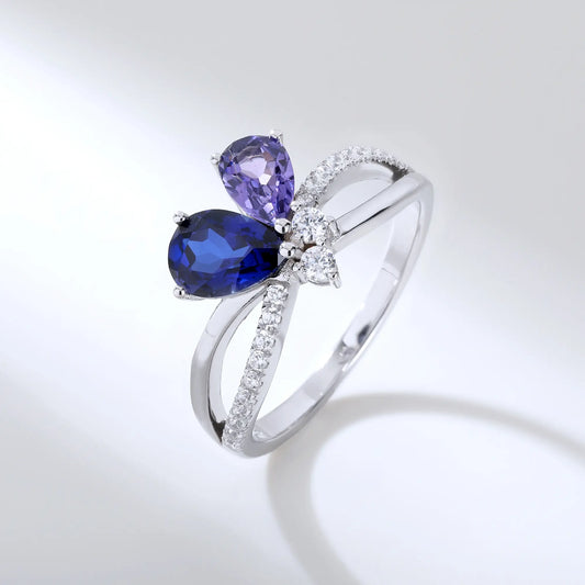Sapphire Butterfly Ring, 925 Sterling Silver Pear Cut Two-Stone Lab Sapphire Ring