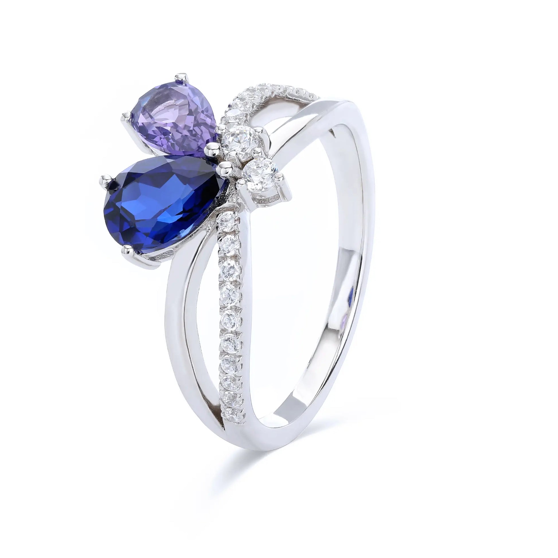 Sapphire Butterfly Ring, 925 Sterling Silver Pear Cut Two-Stone Lab Sapphire Ring
