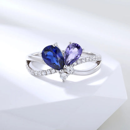 Sapphire Butterfly Ring, 925 Sterling Silver Pear Cut Two-Stone Lab Sapphire Ring