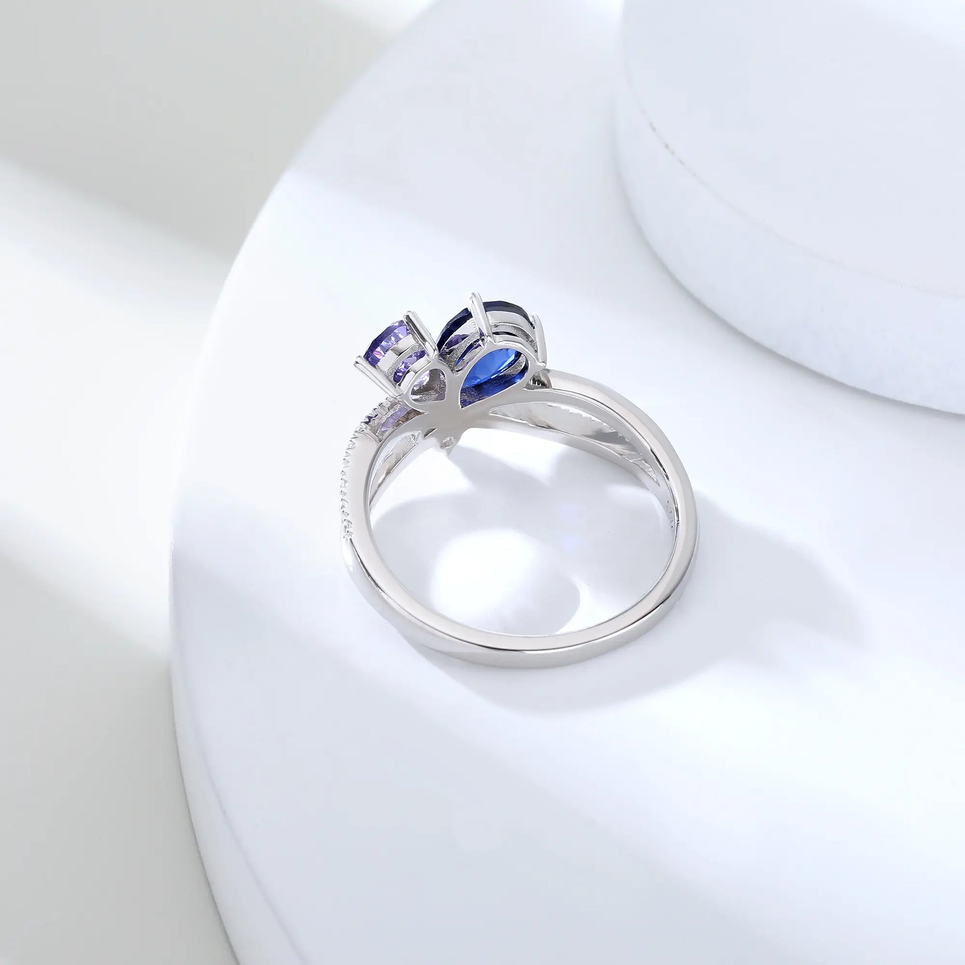 Sapphire Butterfly Ring, 925 Sterling Silver Pear Cut Two-Stone Lab Sapphire Ring