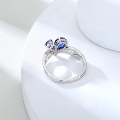 Sapphire Butterfly Ring, 925 Sterling Silver Pear Cut Two-Stone Lab Sapphire Ring